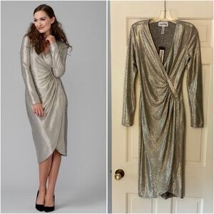Joseph Ribkoff Metallic Ruched Dress Gold Silver Faux Wrap US Size 4 NWT Party